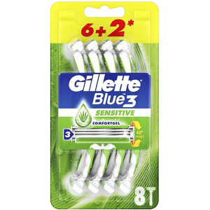 GILLETTE BLUE 3 SENSITIVE COMFORTGEL DISPOSABLE RAZOR SET FOR MEN 8 PIECES